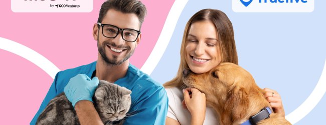 Imagen de colaboración entre Tractive y Musky, mostrando a una mujer con un perro y a un hombre con un gato.
